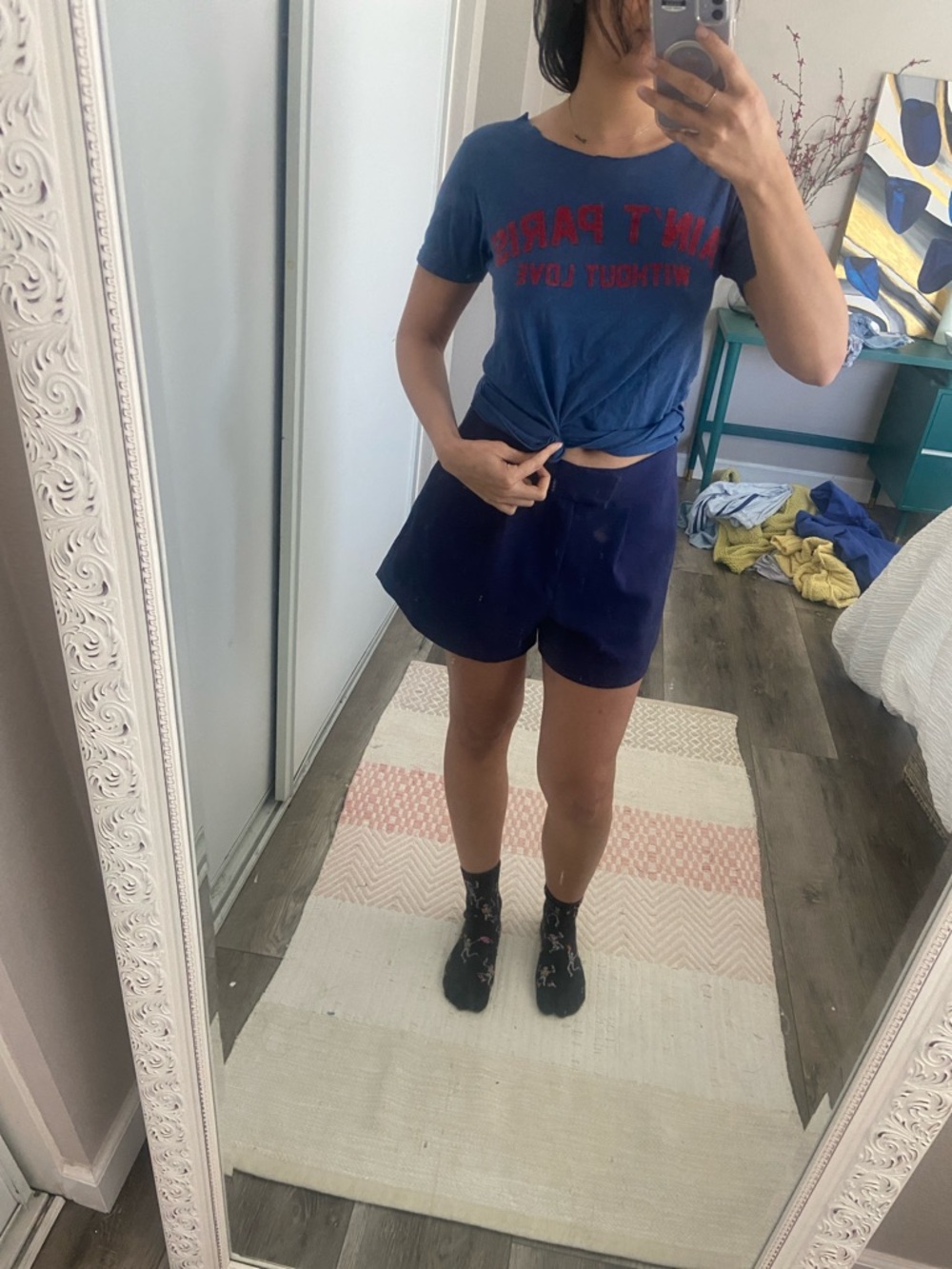 Women's Short Sleeve Crewneck Tee in Navy with Red Graphic